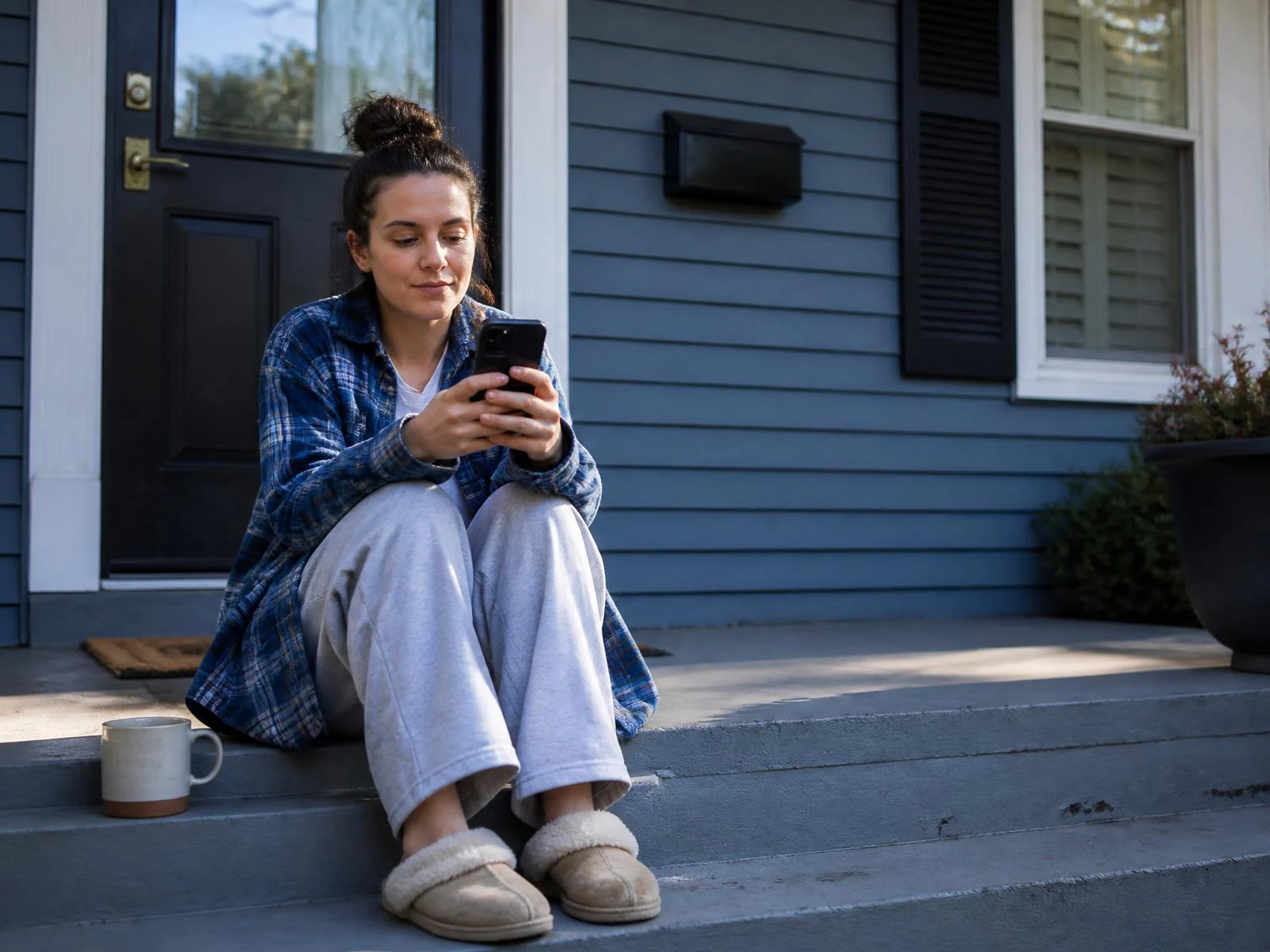A homeowner on her phone on the front steps