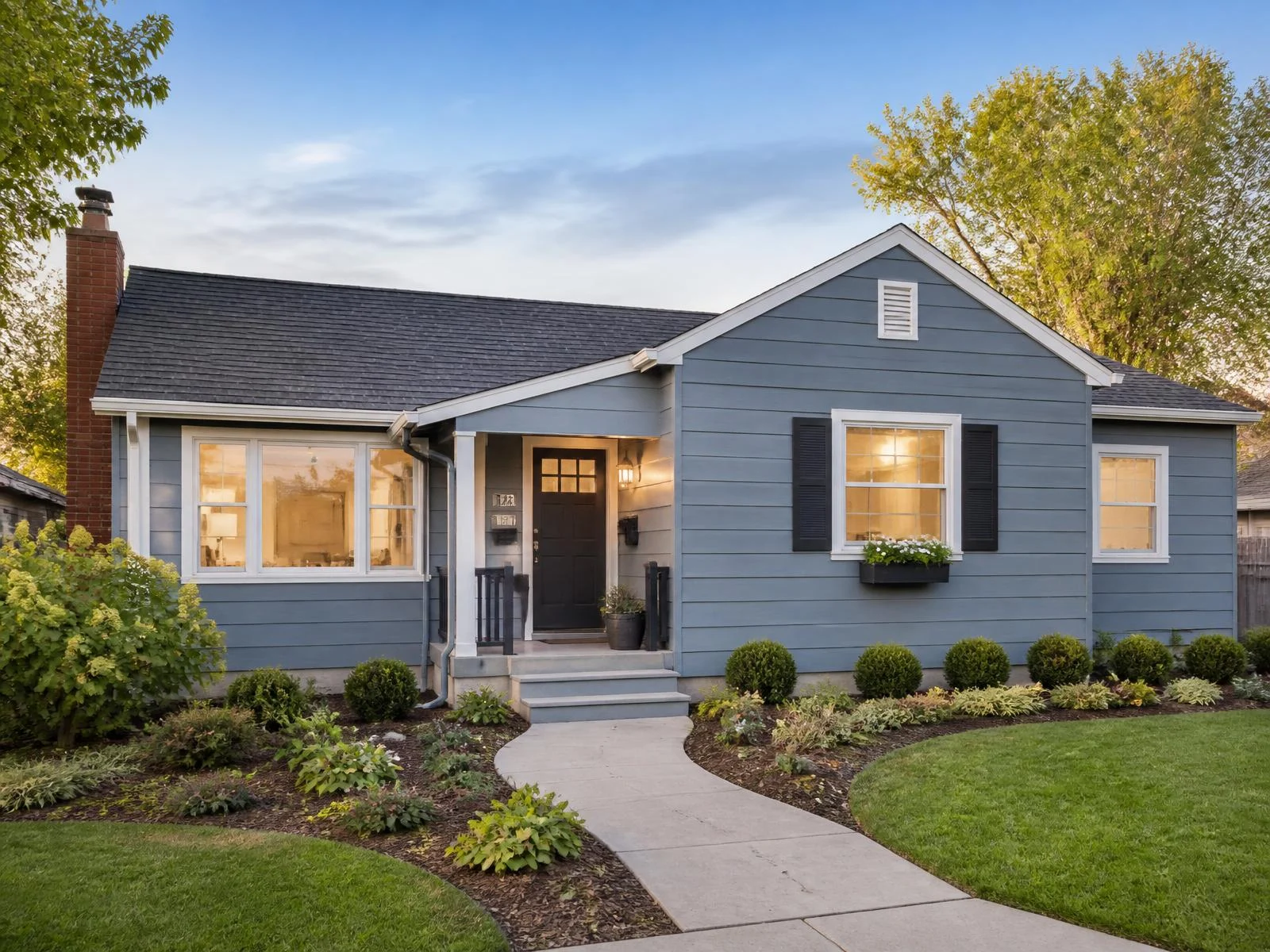 A blue bungalow with a tidy front yard