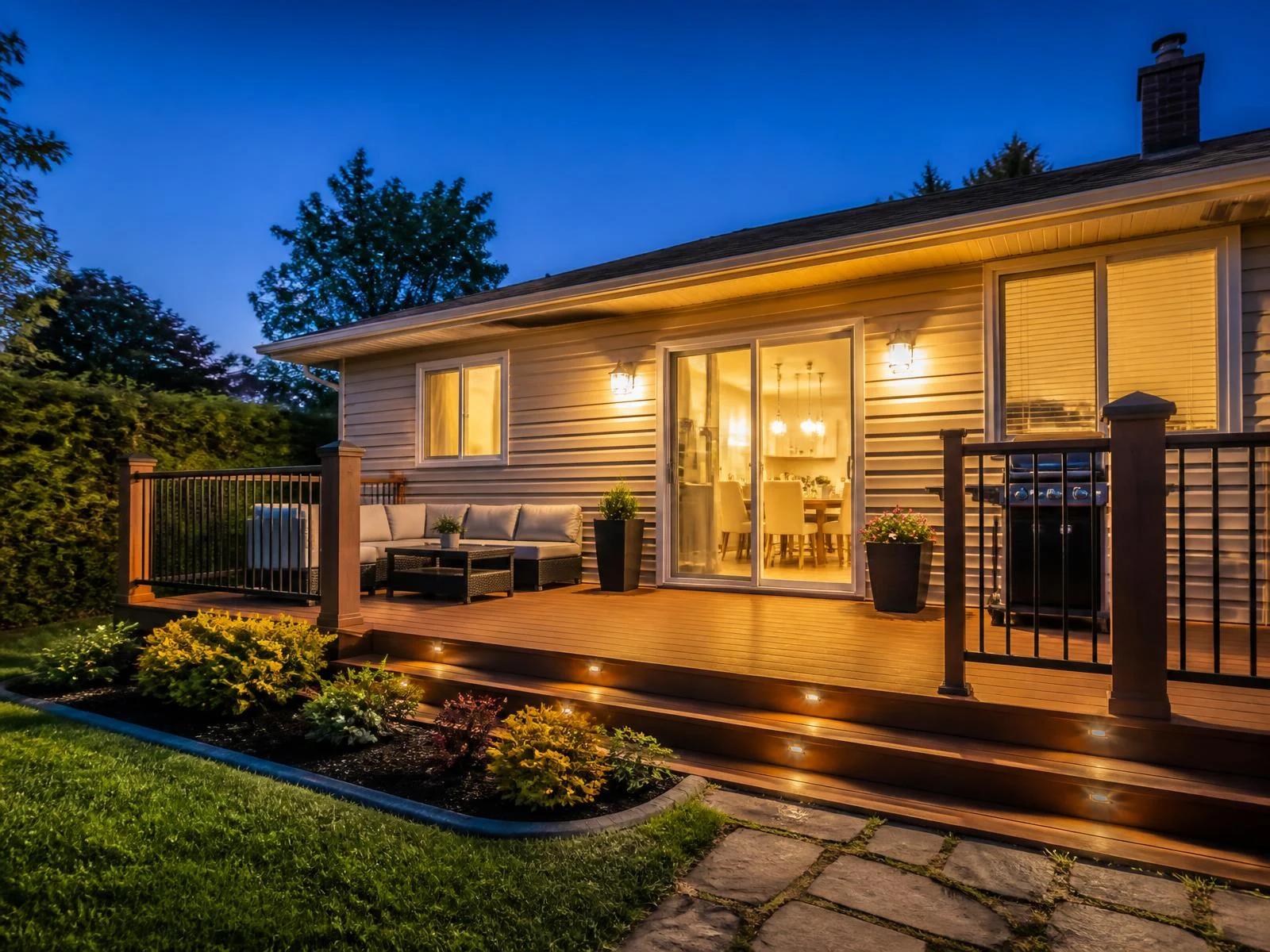 A home's back deck lit at night